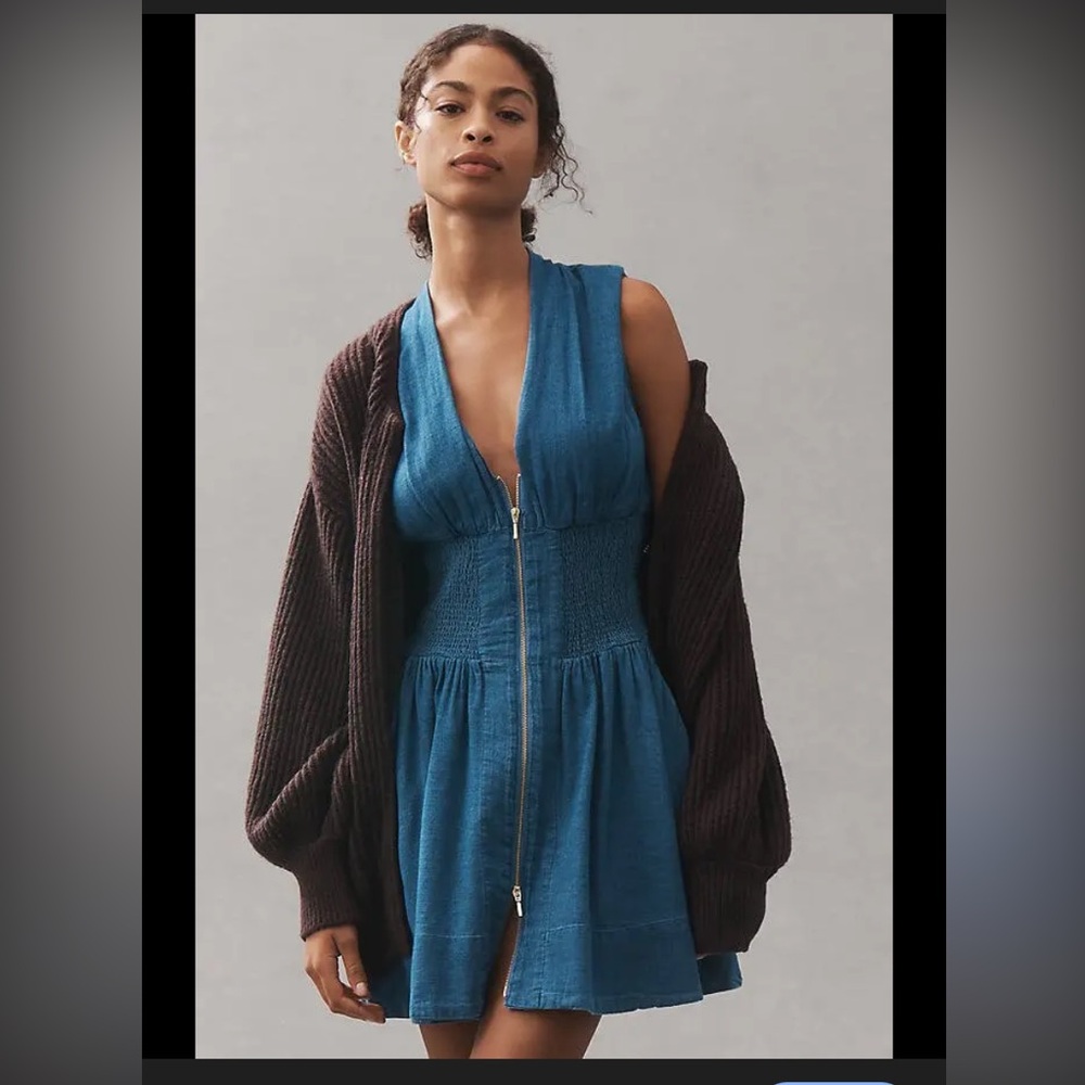 Anthropology women Tommie Cap-Sleeve Smocked Front-Zip Shirt denim dress L